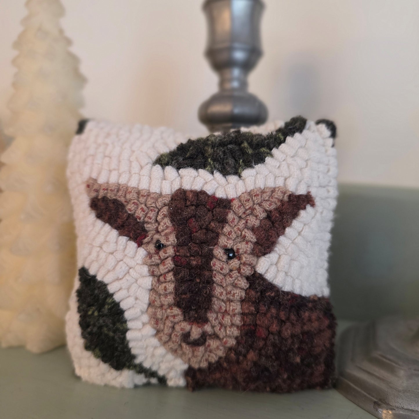 Spring Goat Mini-Pillow - 4" x 4" - hooked decor