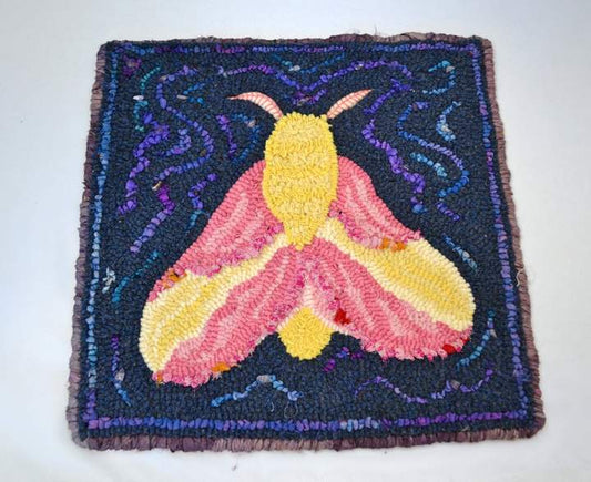 Rosy Maple Moth - 12" x 12" - hooked art